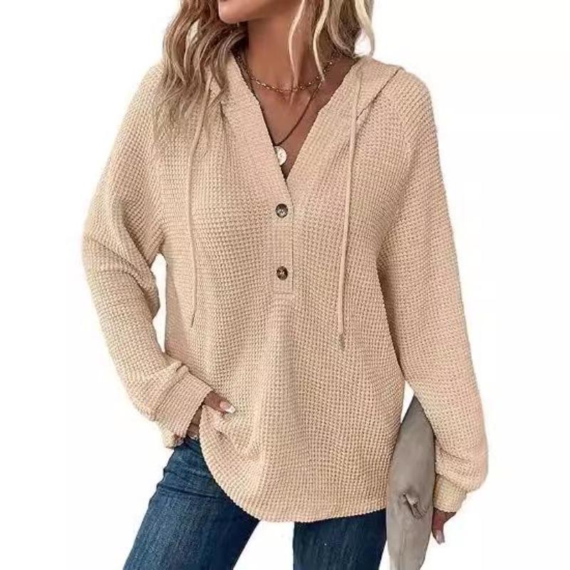 Women's V-Neck Waffle Knit Drawstring Button Long Sleeve Hoodie