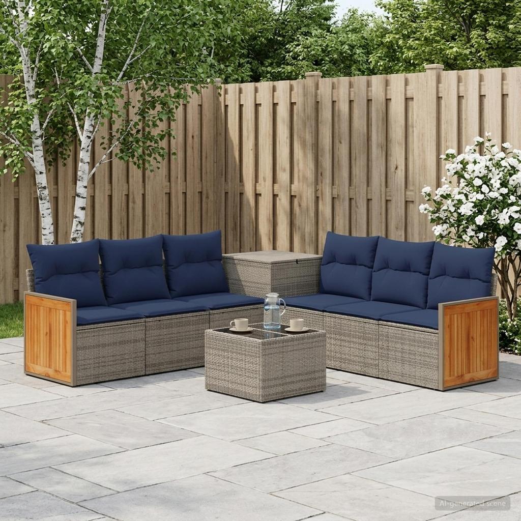 Sofa Set 8 Pieces Gray and Navy Blue Poly Rattan and Steel