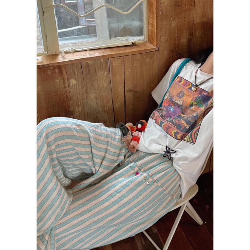 Damen Mintgrüne Gestreifte Baumwolle Leinen Weitbein Hose - Neu Lässig Locker