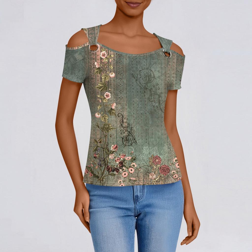 Sexy Cold Sholuder Tops For Women  Summer Hollow Out Eyelet Short Sleeve Blouse Loose V Neck Tshirt Trendy Casual Tunics