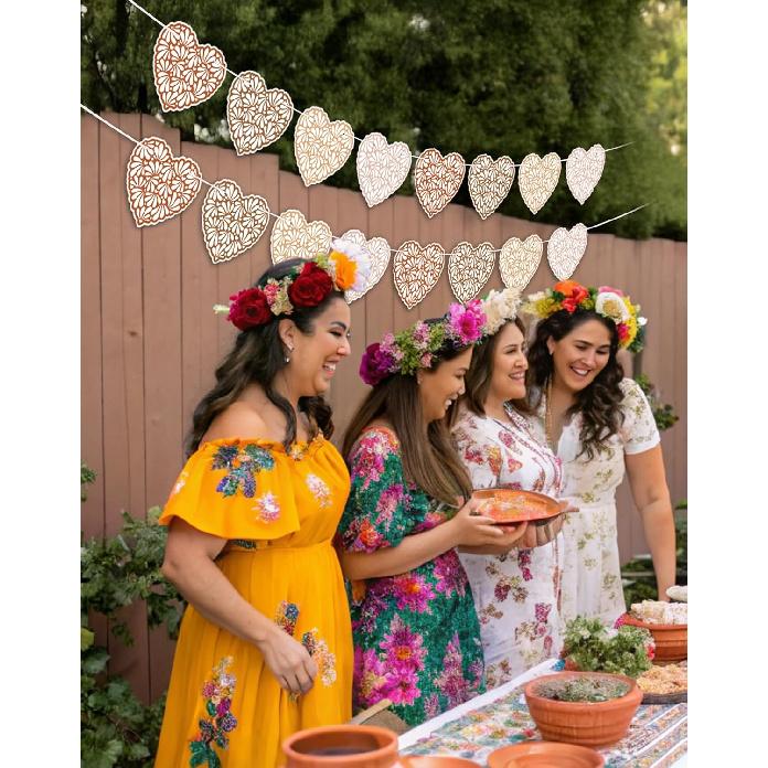 Talavera Cielito Lindo Heart Banner - 2 PCS Papel Picado Hearts Garland, Mexican Wedding decorations for Cinco de Mayo, Baby Shower or Boho Party