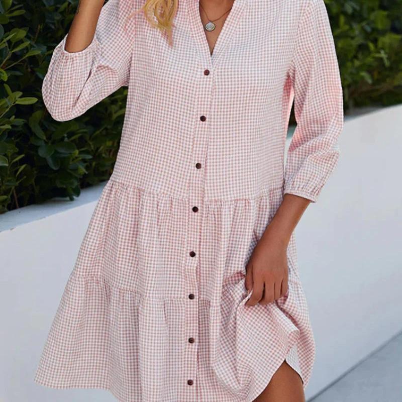 European Style Women Clothing Spring Plaid Blouse Maxi Dress 3XL
