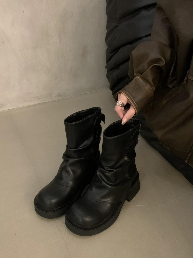 Dámské boty do půl lýtka s plisováním na platformě Nové Mohutné střední podpatky Motorkářské boty Módní Nový trend Gladiátorky Chůze Chaussures Dáma