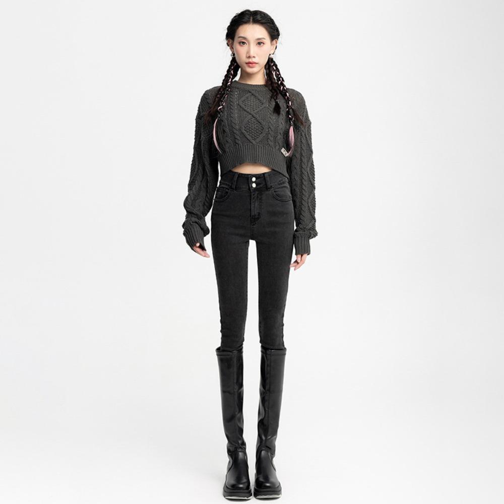 Double-buckle Elastic High-waisted Small-footed Jeans for Women's 2025 Autumn and Winter New Leggings, Pencil Jeans Look Thin