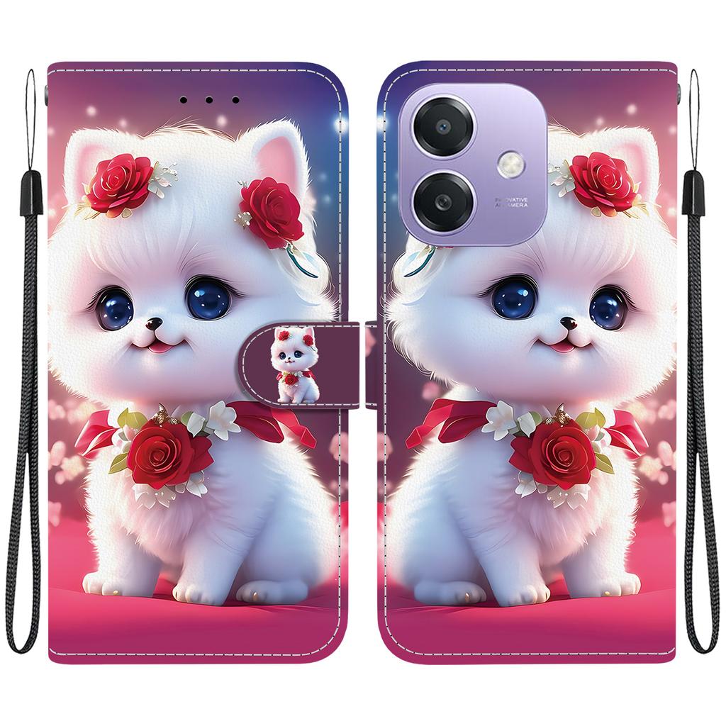 Handmade PU Leather Flip Case for Oppo A3x/Oppo A3x 4G/Oppo A20/Oppo A5i Anti-Slip Shockproof Cover with Wrist Strap & Heart/Rose Cat Designs