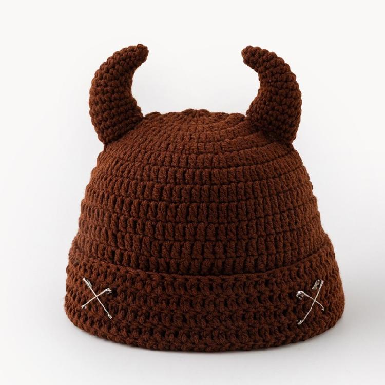 Crochet Horn Cap for Fall Winter Outfits, Brimless Devil Hat with Front Pin Accent for Party Photo Outfit Looks