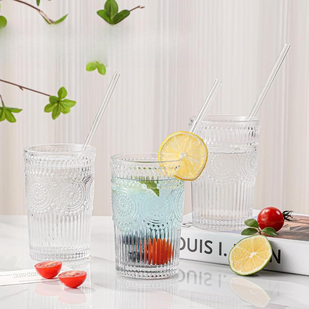 6 Pezzi Bicchieri Vintage in Vetro Bicchieri da Bevanda Trasparenti con Motivo Floreale Texturizzato Bicchieri Acqua in Vetro Bicchieri da Bevanda a Strisce in Rilievo