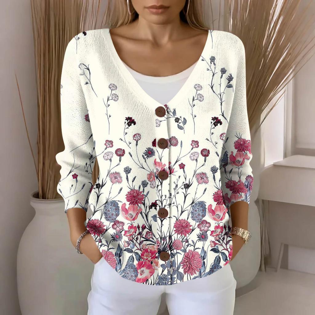 Women's Fashion Casual Knit Sweater Button-Up Floral Print Cardigan Jacket
