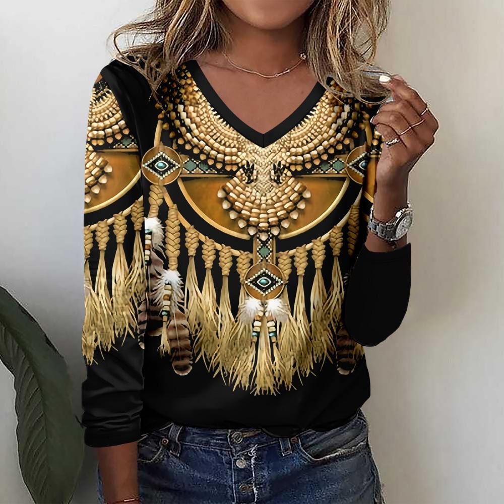 T-shirt da donna a maniche lunghe Moda pois Stampa 3D Scollo a V Maniche lunghe Top Autunno Casual Festivo Top da donna Abbigliamento