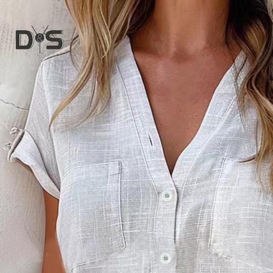 Dámská košile Knoflíky s výstřihem do V Poloviční léga Košile s krátkým rukávem Topy Jednobarevné Nášivka Kapsy Volný střih Letní Neformální košile