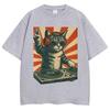 Funny Cool Dj Cat Meme Graphic Vintage T Shirt Men Women Humor T Shirts Oversized Cotton Casual T-shirt Streetwear Gifts