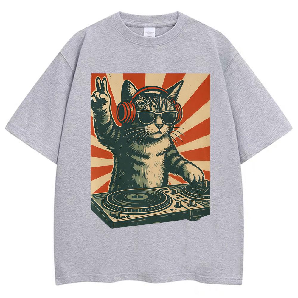 Funny Cool Dj Cat Meme Graphic Vintage T Shirt Men Women Humor T Shirts Oversized Cotton Casual T-shirt Streetwear Gifts