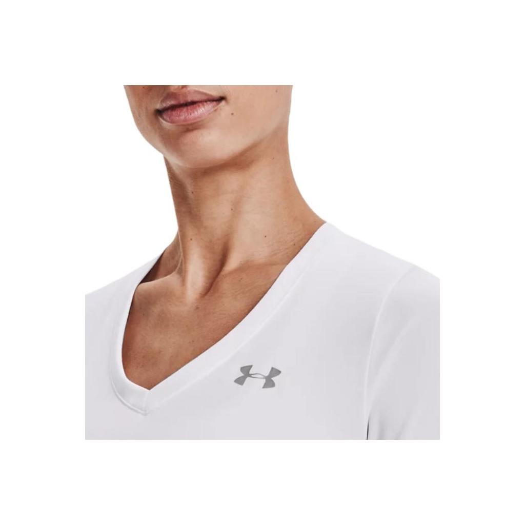 Under Armour Solid Color V-Neck Short Sleeve T-Shirt Women Tops Silver 1255839-100