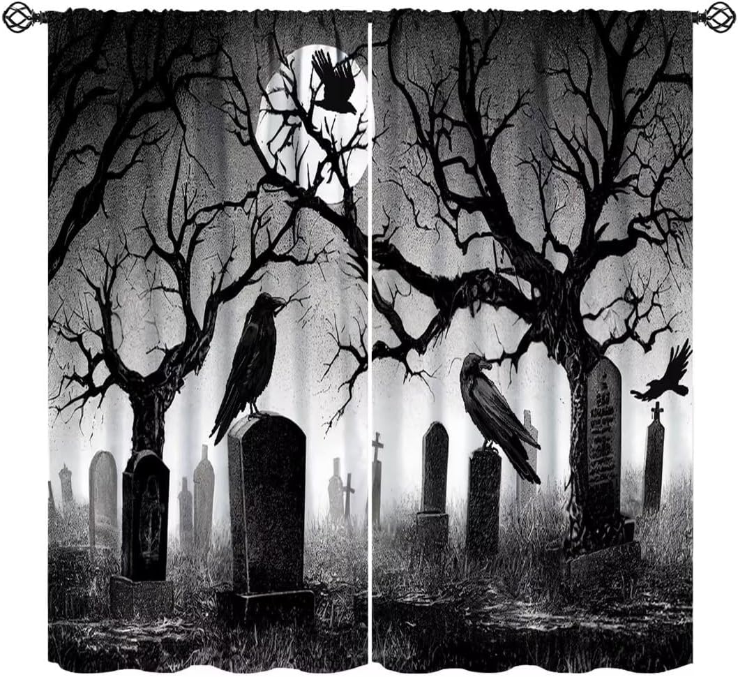 Gothic Blackout Curta, Vintage Castle Skull Candlesticks Halloween Retro Horror Spider Web Skeleton Print Window Treatments 53x116CM-2PC