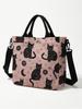 Witchy Black Cat Moon Star Print Pink Canvas Tote Bag Detachable Strap Crossbody Handbag For Women Daily Shopping