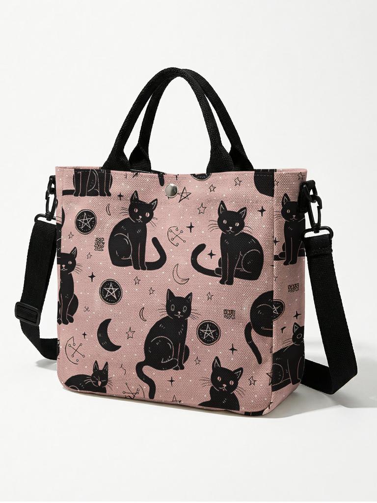 Witchy Black Cat Moon Star Print Pink Canvas Tote Bag Detachable Strap Crossbody Handbag For Women Daily Shopping