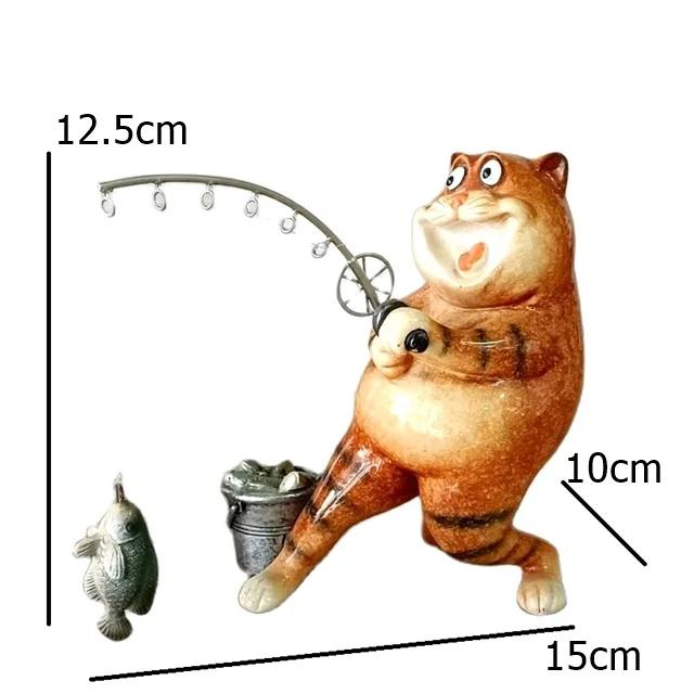 Cute Fishing Cat Miniature Fish Catching Figurine Relaxation Sports Ornament Cartoon Kitty Character Decor Entertainment Craft