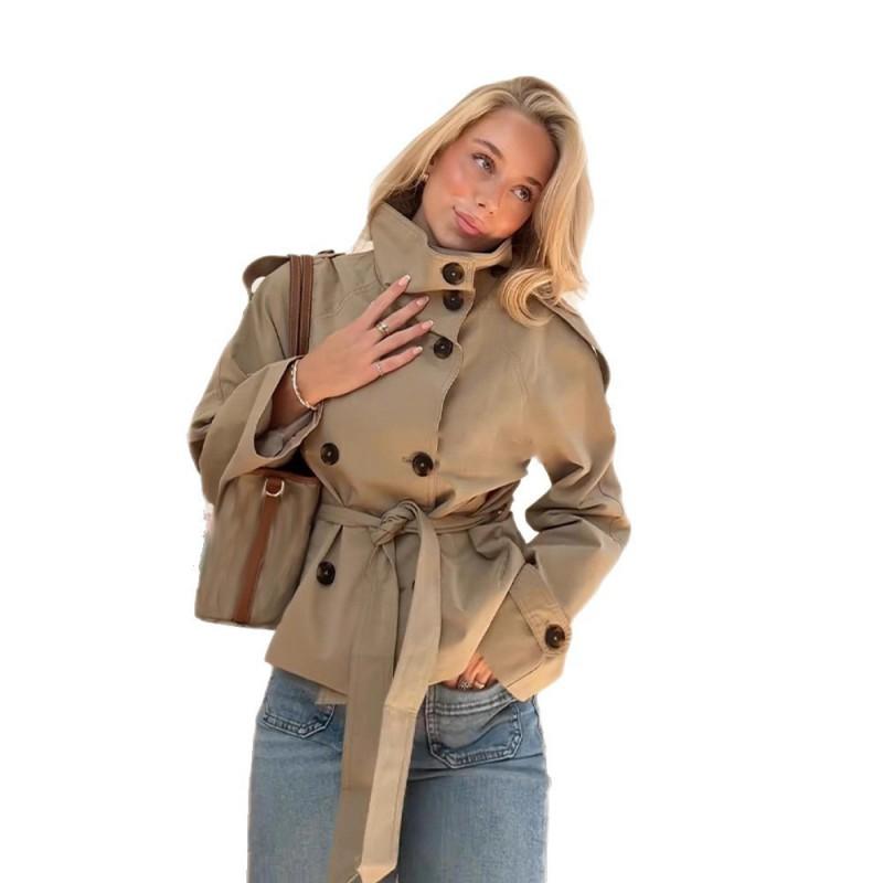 Womens Short Double-Breasted Trench Coat With Collar Tie Belt Loose Fit Long Sleeve Streetwear