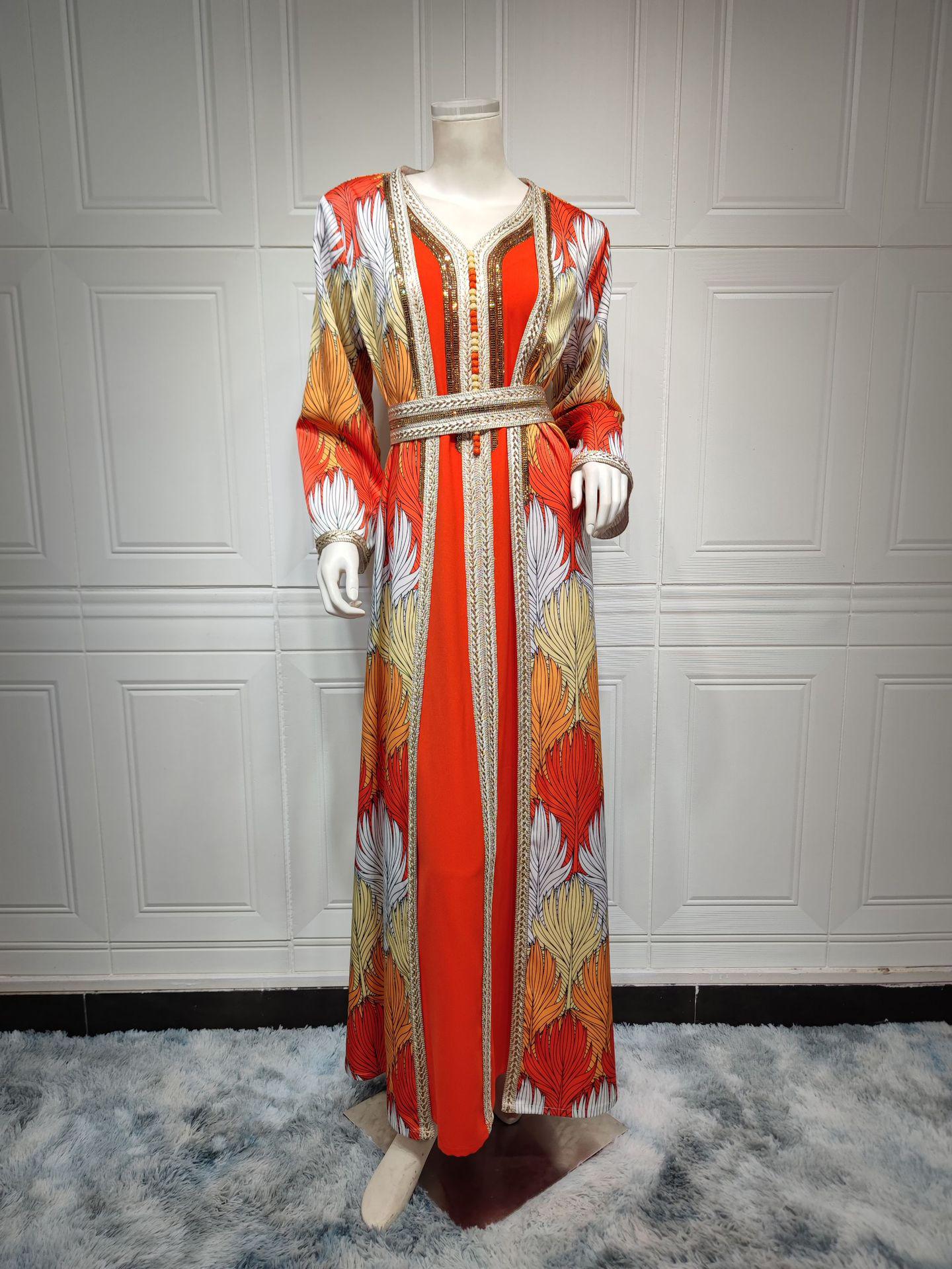 

AB315 Комплект джалабии с длинным рукавом и стразами S оранжевый