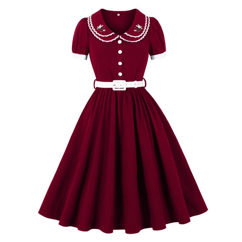 

Women s Vintage Heavy Industry Embroidery Doll Collar Bubble Sleeve Dress with Belt XXL бордовий