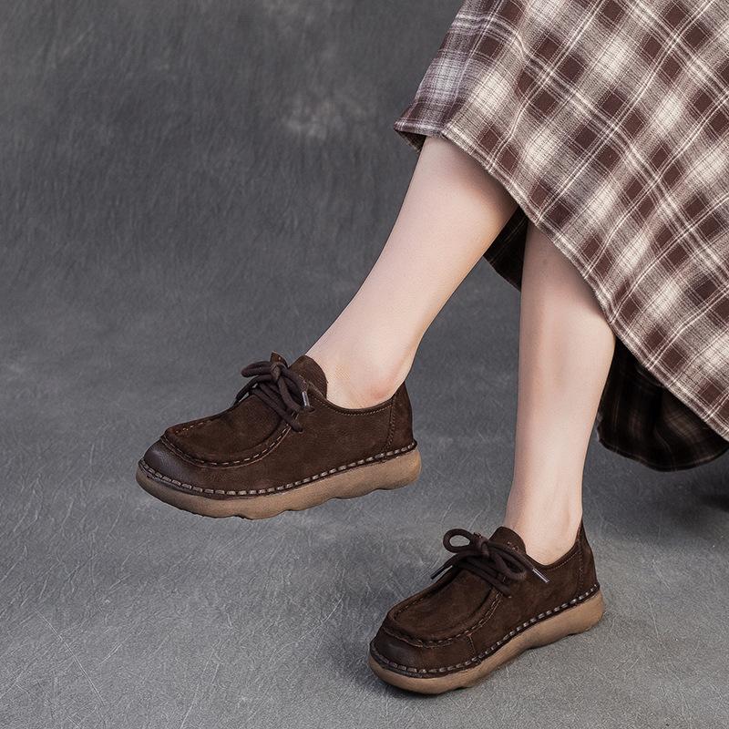 Autumn Suede Leather Casual Shoes Women Comfortable Round Toe Lace Up Loafers Low Block Heel Office Flats