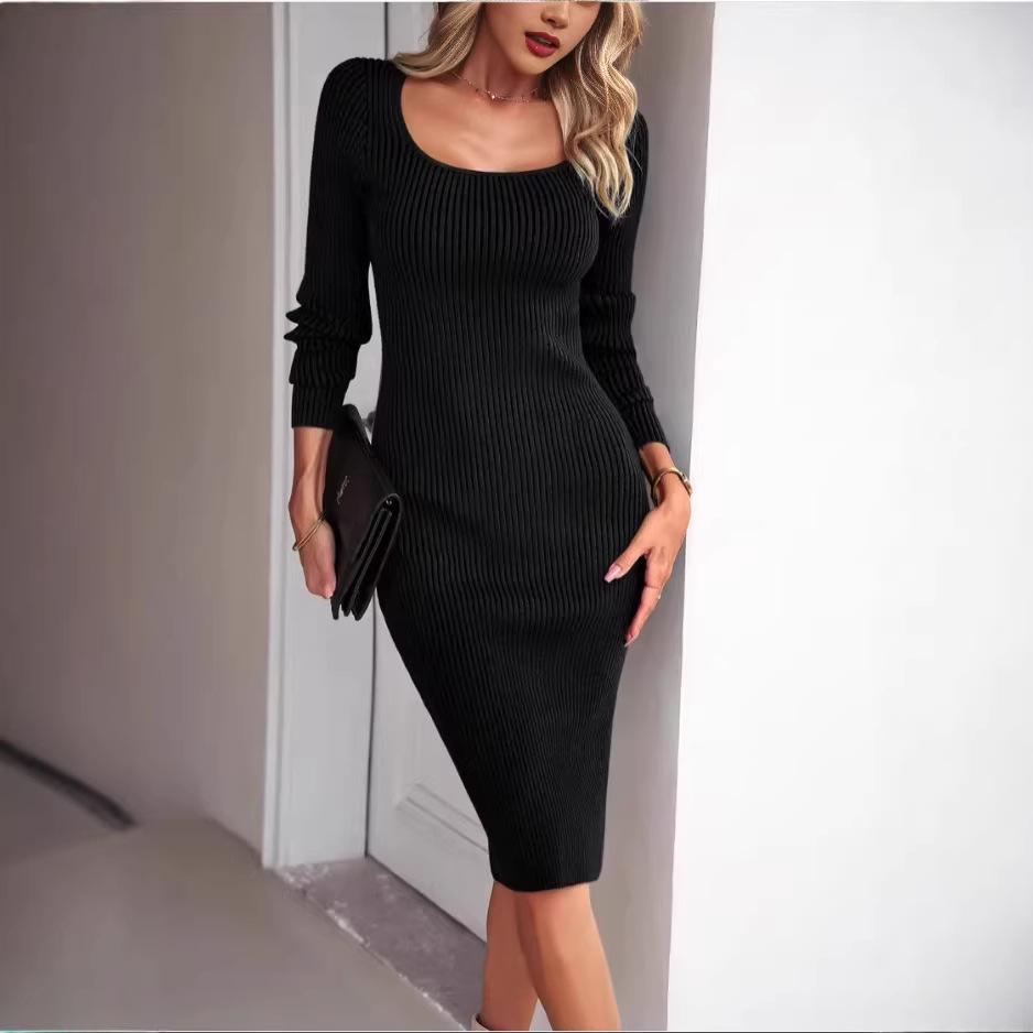 Elegant Slim Fit Long Sleeve Knit Dress with Slit - Spring & Autumn Collection
