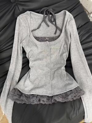 Autumn Korean Y2k Vintage Fake 2 Piece Set Women Elegant Long Sleeve Design Tops Harajuku Female Casual Lace 2000s Chic T-Shirt