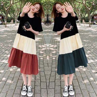 Large Size Fashionable and Stylish Mid To Long Knee Length Skirt, Summer T-shirt Dress, Patchwork Contrasting Color