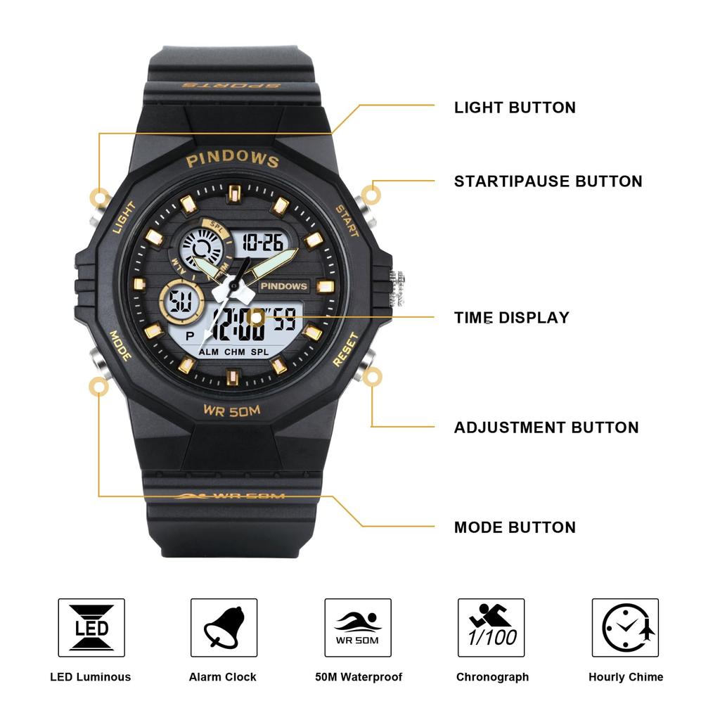 PINDOWS 50M Water Outdoor Digital Sports Watch with LED and Stopwatch Women's Watch, Resistant, Multi-Function, Backlight, Calendar, Alarm,