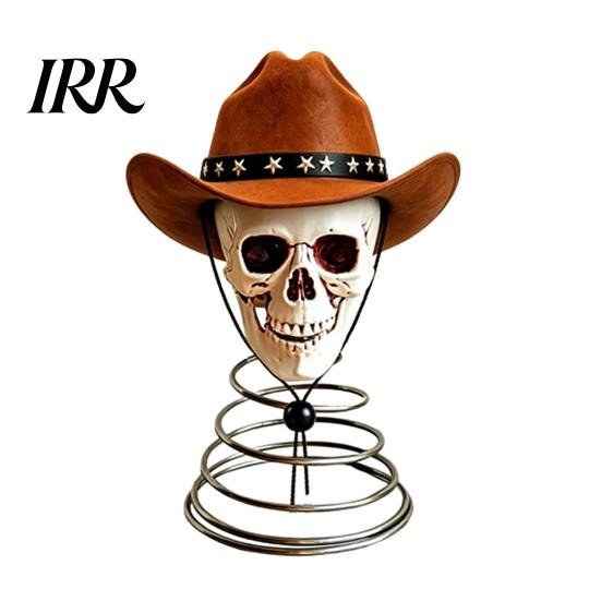 Unique Skull Tabletop Figurine Gothic Tree Topper with Cowboy Hat, Vintage Western Creative Holiday Skeleton Ornament for Halloween, Spooky Christmas