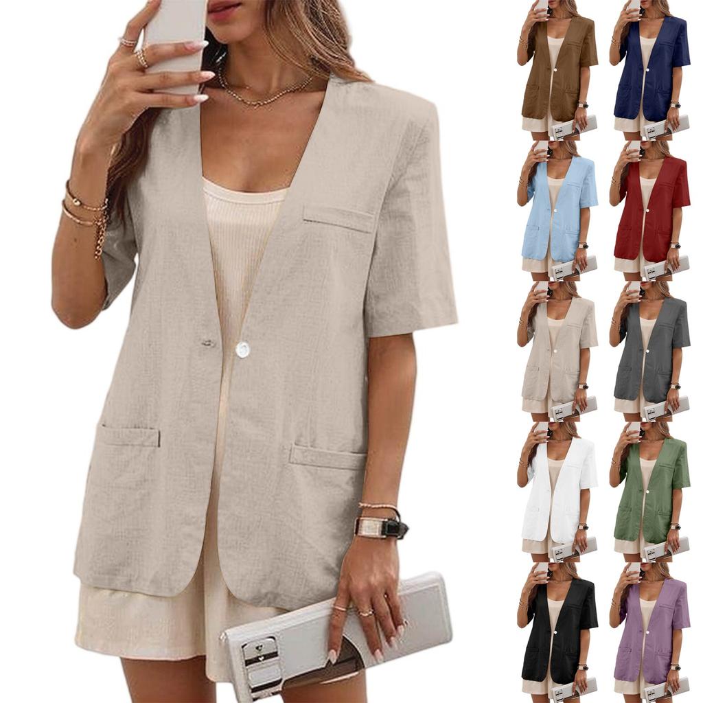 Women's Work Casual Short Sleeve V-Neck Single Button Solid Color Coat