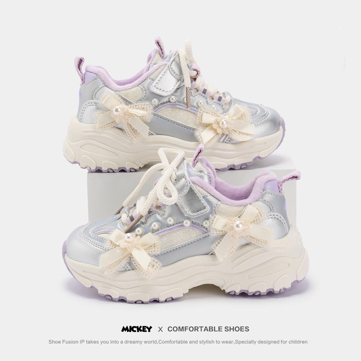 Disney Kids 2025 Winter Flower Sneakers - Girls Casual Dad-Style Running Shoes 27 серебряный