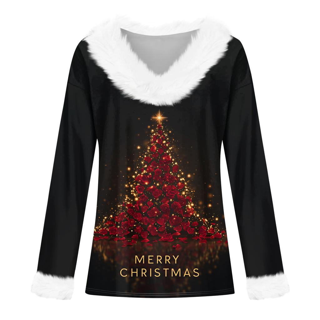 Women's Casual Fashion Long Sleeve Christmas Printed Flannel Collar Top