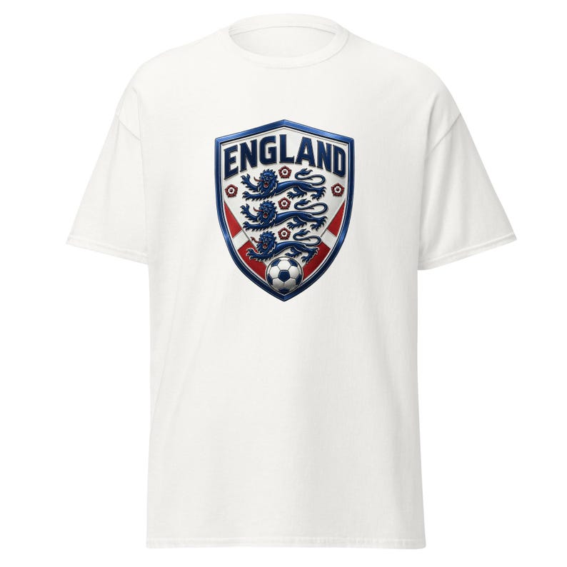 England Three Lions Soccer T-Shirt | 3D Metallic Crest, Tudor Roses Fan Tee 2XL