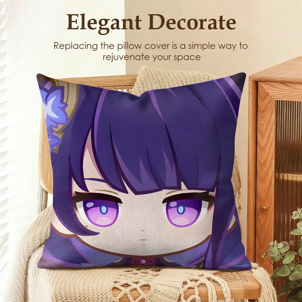 Raiden Shogun cute Genshin Cushion Cover Natural Linen Organic Fabric DoubleSided Printing Sofa Home Decor Gift Pillow Case