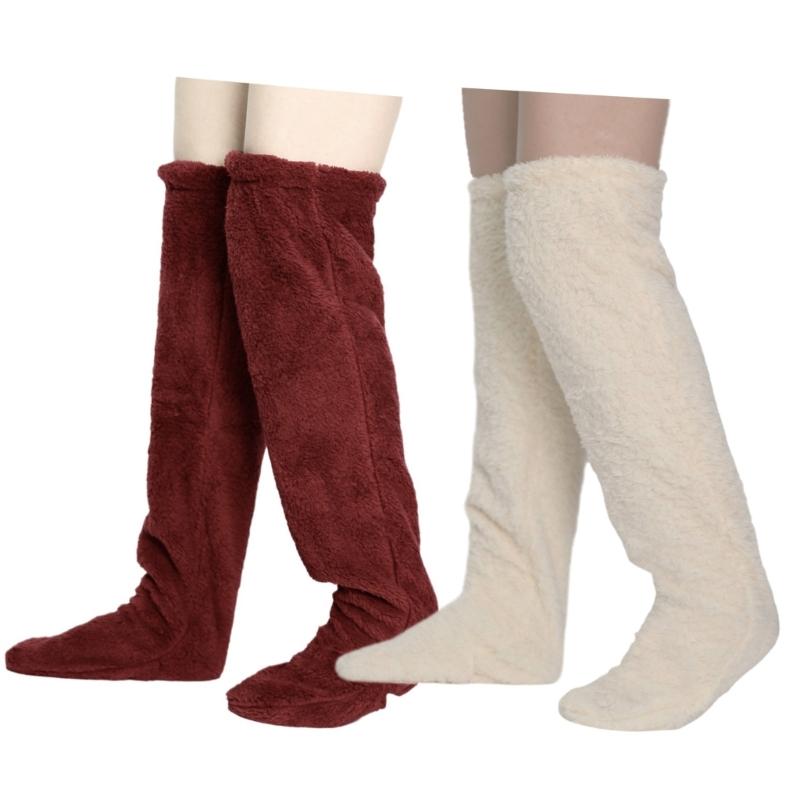 2 Pár Női Téli Vastag Bolyhos Plüss Combközépig Érő Papucs Zokni Egyszínű Meleg Hosszú Térd feletti Zokni Lábmelegítő beige