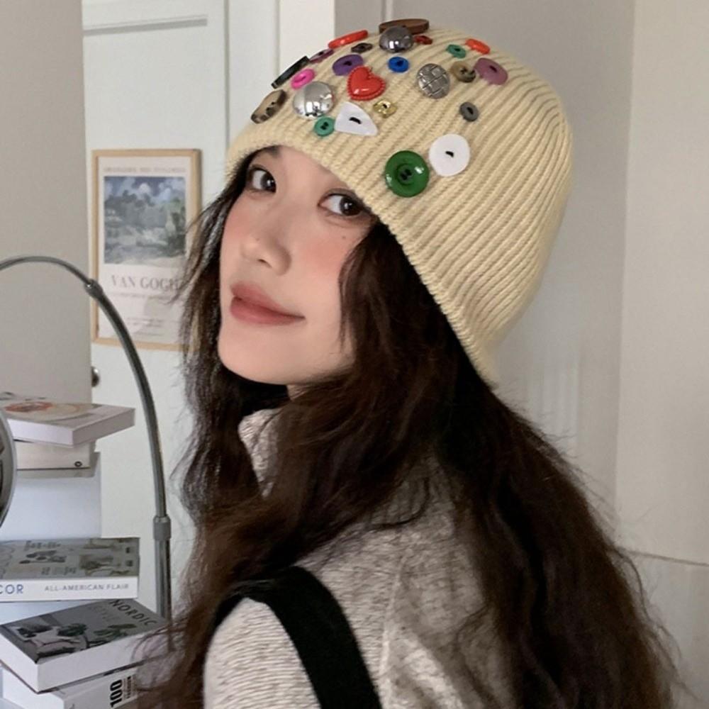 Colorful Button Beanie Hat Cuffed Personality Cold Cap Fashion Knitted Hat