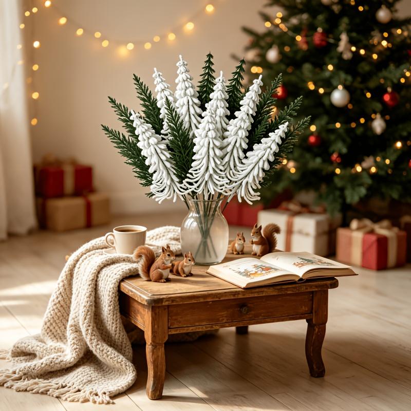15pcs Set New Style - Artificial Christmas Pine Branch Bouquet | White and Green Flocked Pine Branches, Nordic Winter Holiday Ornament