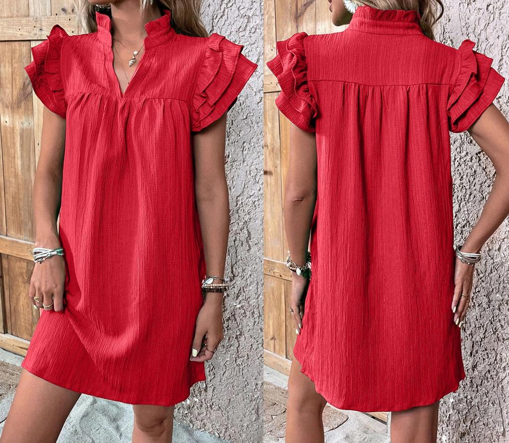 Summer Fashion Versatile Lotus Leaf Sleeve V-neck Dress