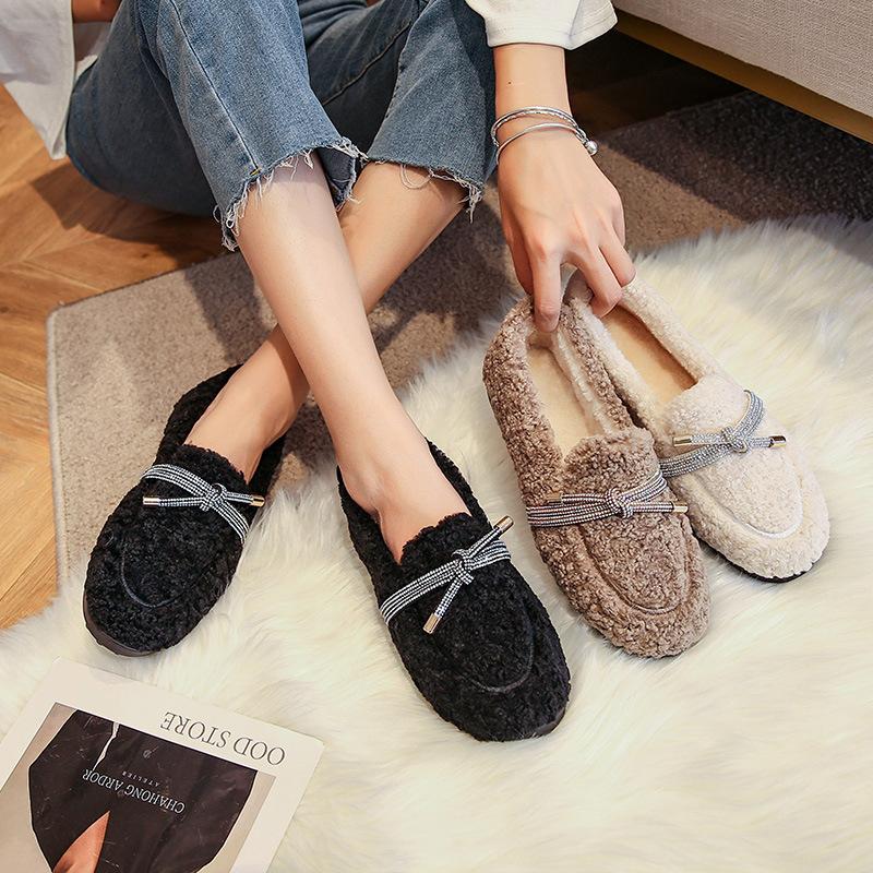 Fashion Luxury Crystal Bow Decoration Brand Designer Shoes Comfortable Flurry Loafers Women Winter new Warm Non-slip Flat Casual Shoes