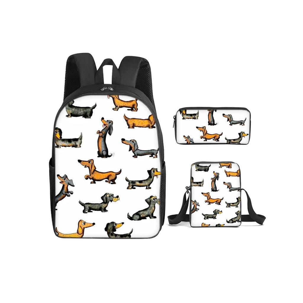 Cane Bassotto Carino Stampa Gatto Set 3 Pezzi Zaino con Borse a Tracolla, Astucci per Ragazzo/Ragazza Miglior Regalo Cartone Animato Studente Borse Scolastiche