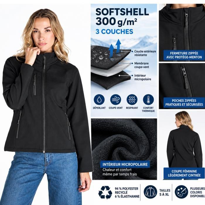 Veste Softshell Femme Noire 300 g/m² – Coupe-Vent et Résistante à la Pluie - Taille : XL - Noir