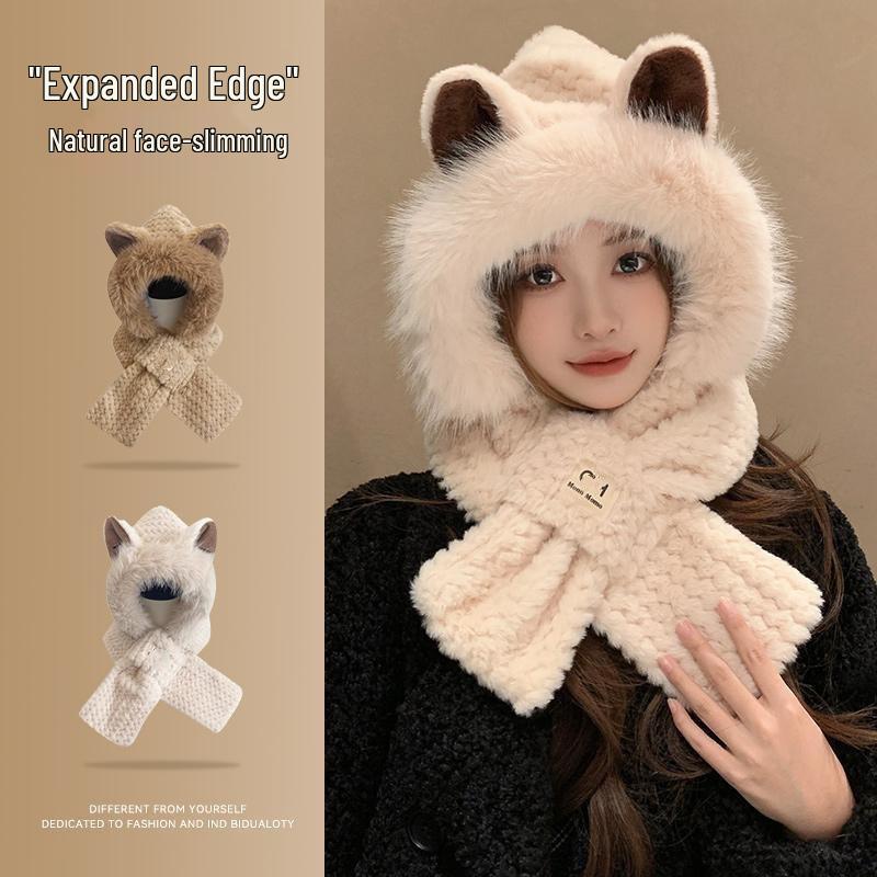 Cute Fluffy Women's Hat & Scarf Set: Thick, Plush, Warm Cycling Hat with Ear Protection for Autumn and Winter