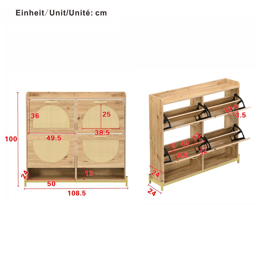 Elegant Wooden Shoe Cabinet with Rattan Doors – 4 Doors, Metal Frame and Top Shelf for Stylish and Organized Storage.