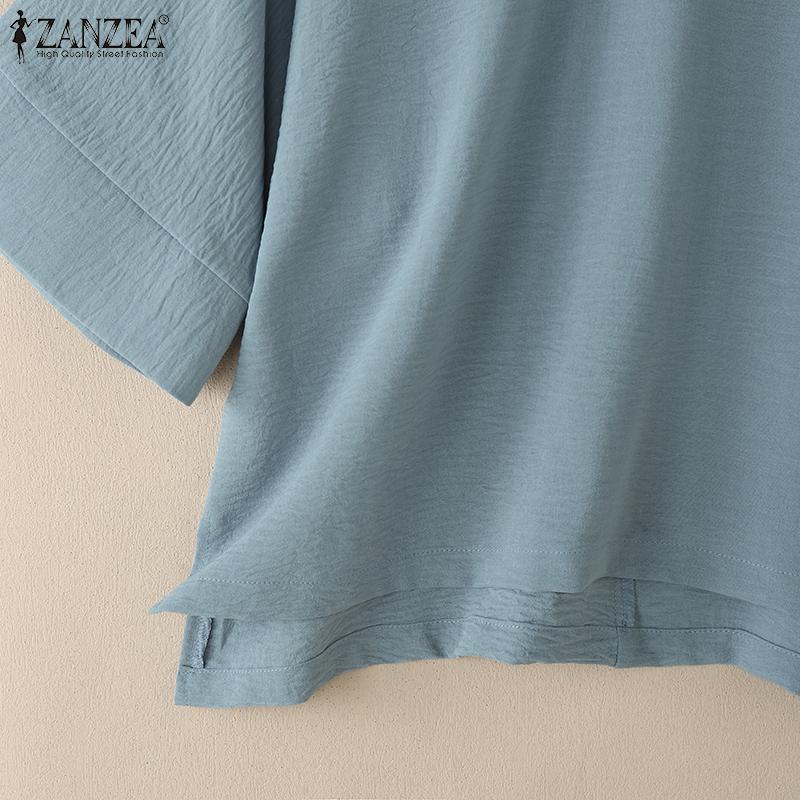 ZANZEA Women Casual Round Neck 3/4 Sleeve Solid Color Loose Blouse