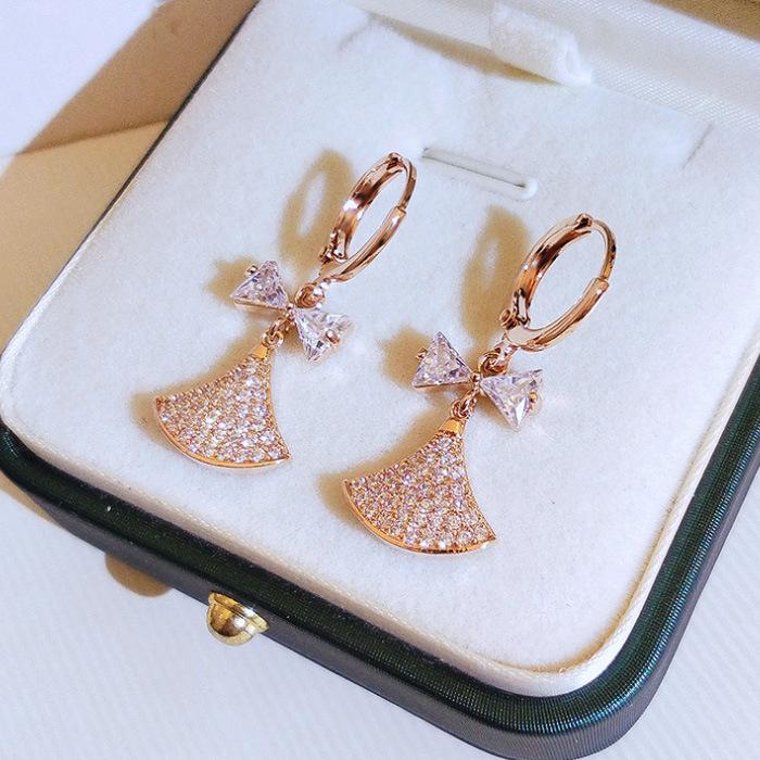 Temperament Small Skirt Earrings Zircon Bow Ear Buckle Fan Earrings Women'S Earrings