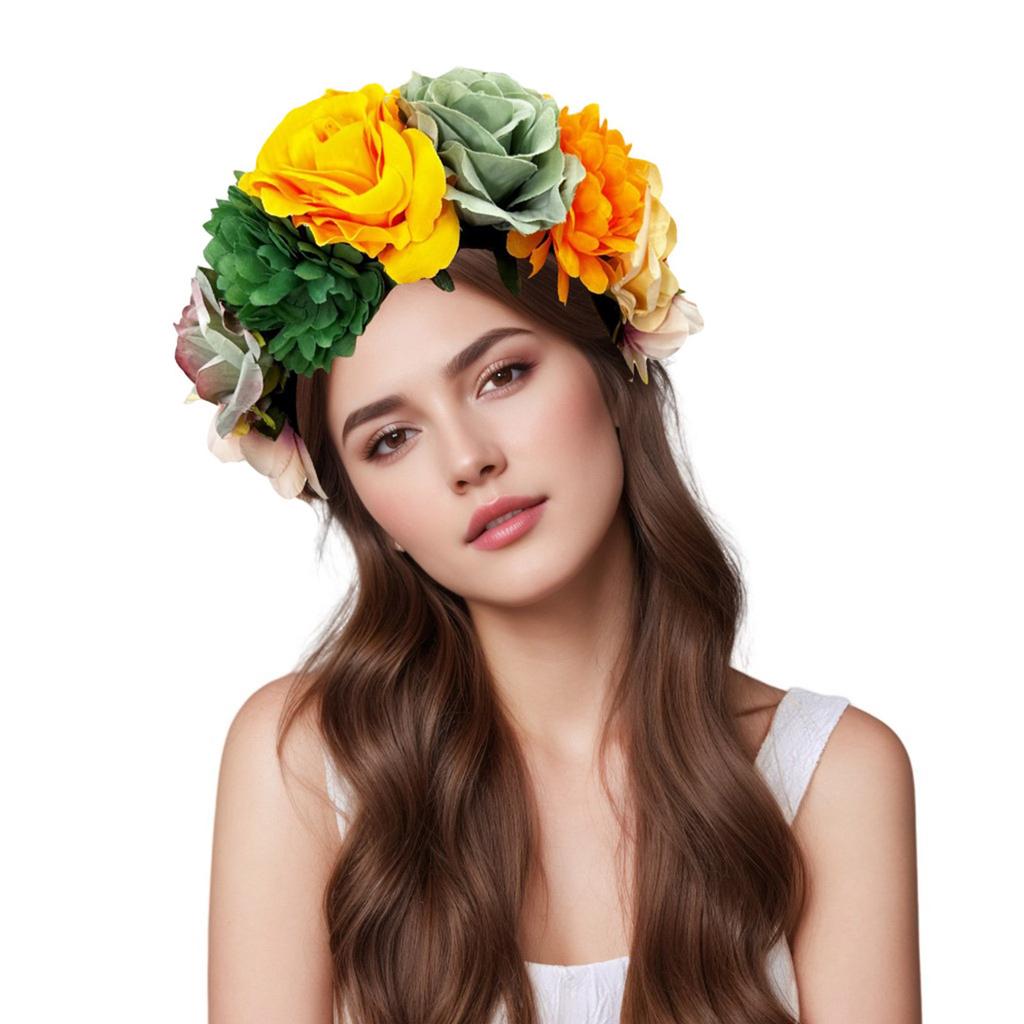 Colorful Rose Flower Headband for Music Festival Artificial Flower Wreath Hairhoop Wedding Bride Dressingup Accessory