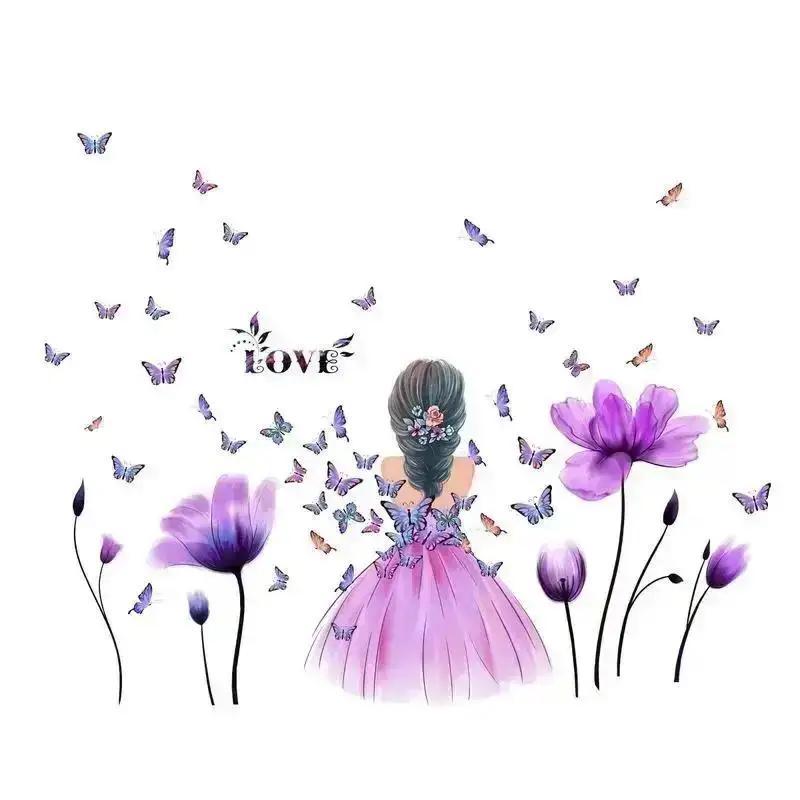 Tulip Girl Wall Sticker For Girls Room Decor Butterfly Self-adhesive Removable Vinyl Mural Decals Kids Room Background Wallpaper