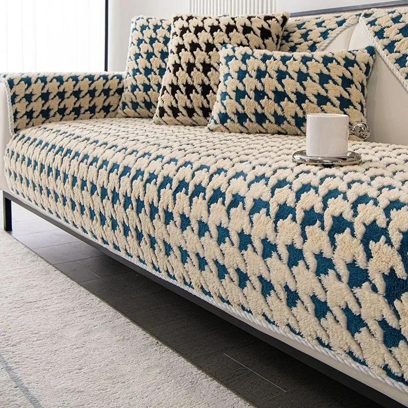 Winter Thick Short Plush Sofa Cushion Advanced Black White Checkered Anti Slip Plush L Sofa Towel Dust 3 Seat Cover Cloth