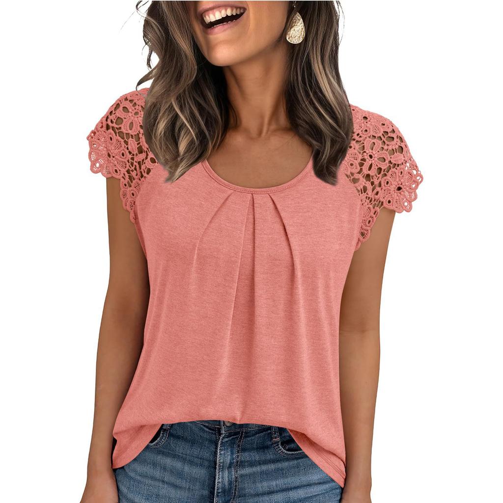 Women's Fashionable Casual Lace Sleeve Hollow Short Sleeved Round Neck T-Shirt Top